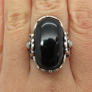 SX SALLY C 925 Sterling Silver Vintage Real Black Onyx & MOP Clover Ring Size 8