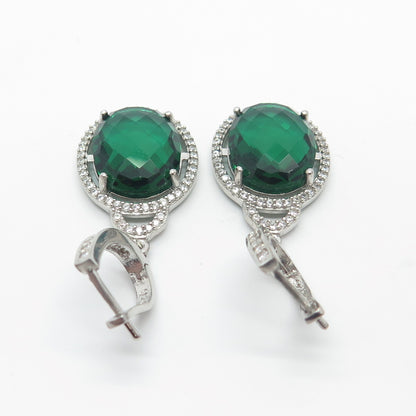 925 Sterling Silver White & Green C Z Dangling Earrings