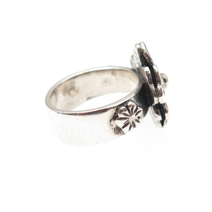 925 Sterling Silver 14K Gold Vintage Israel Flower Oxidized Ring Size 6