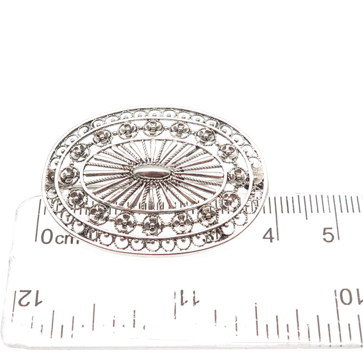 925 Sterling Silver Vintage Floral Filigree Oxidized Pin Brooch