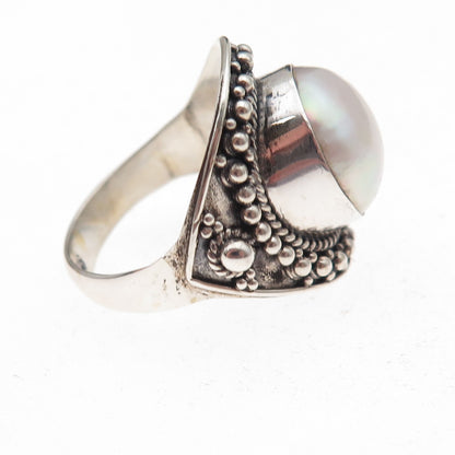 925 Sterling Silver Vintage Real Pearl Modernist Beaded Oxidized Ring Size 9.25