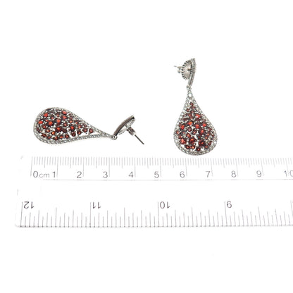 925 Sterling Silver Real Red Garnet & C Z Cluster Teardrop Dangle Earrings