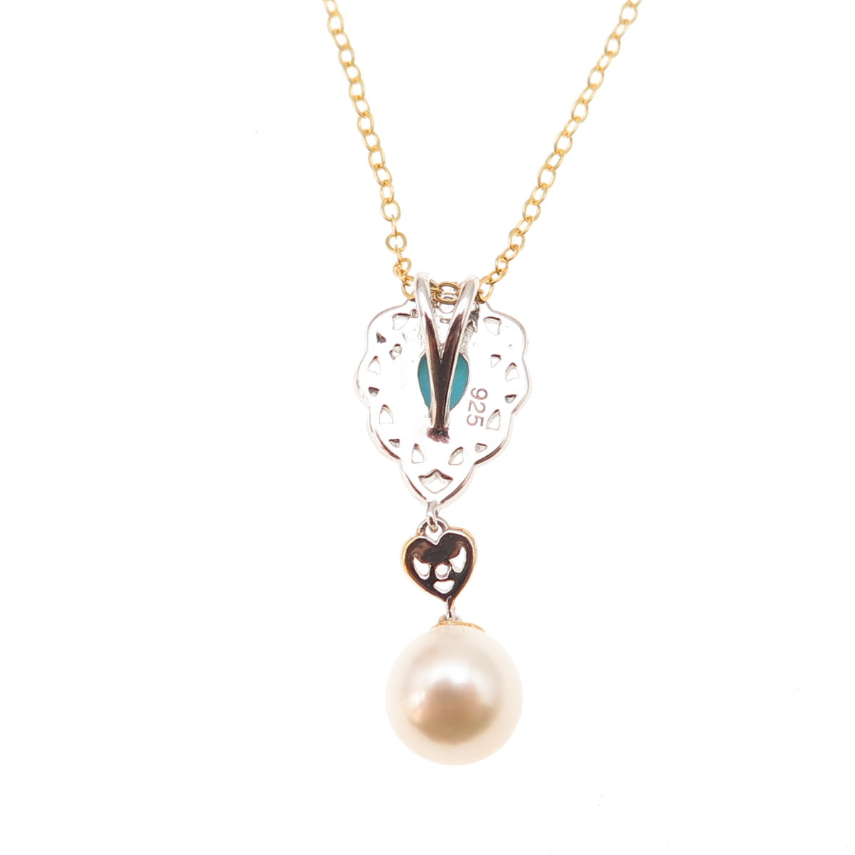 925 Sterling Silver Gold Plated Real Turquoise Pink Topaz & Pearl Necklace 18"