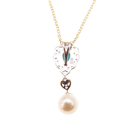 925 Sterling Silver Gold Plated Real Turquoise Pink Topaz & Pearl Necklace 18"
