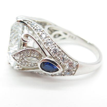 925 Sterling Silver Pear & Round-Cut Blue & White C Z Ring Size 7.25
