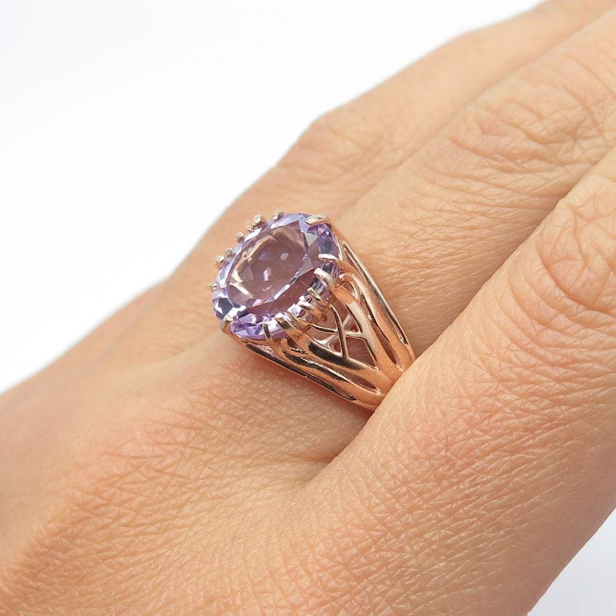 CHUCK CLEMENCY 925 Sterling Silver Rose Gold Plated Real Amethyst Ring Size 8.5