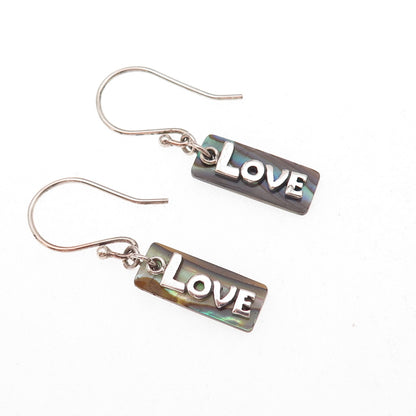 925 Sterling Silver Vintage Real Abalone Shell Love Dangle Earrings