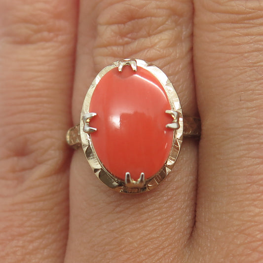 925 Sterling Silver Gold Plated Antique Art Deco Real Coral Ring Size 6