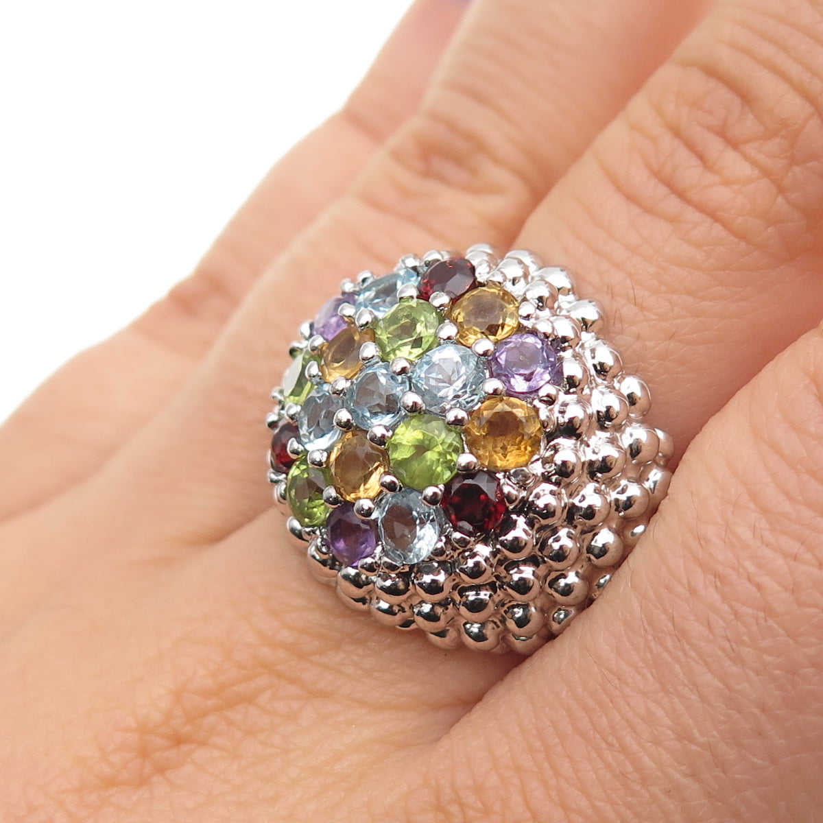 925 Sterling Silver Real Blue Topaz Amethyst Citrine Peridot Garnet Ring Size 8