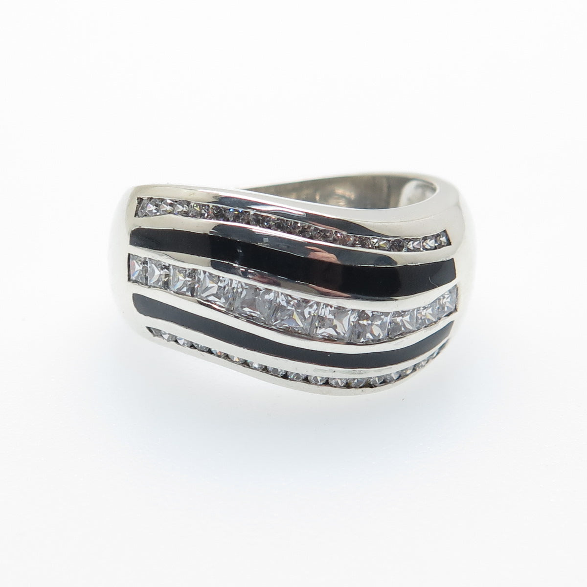 925 Sterling Silver Black Enamel & White C Z Wavy Ring Size 8