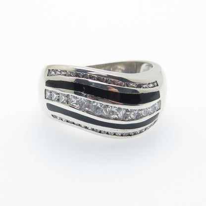 925 Sterling Silver Black Enamel & White C Z Wavy Ring Size 8