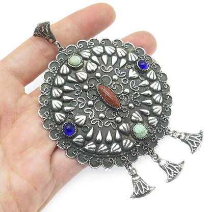 800 Silver Vintage Egypt Real Sunstone Turquoise & Glass Oxidized Ethnic Pendant