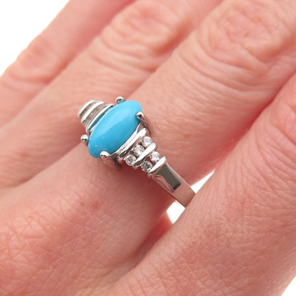 925 Sterling Silver Real Sleeping Beauty Turquoise & White Topaz Ring Size 8.25
