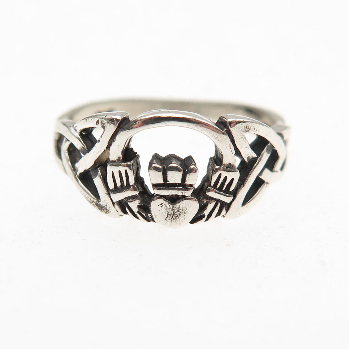 925 Sterling Silver Vintage Irish Claddagh Oxidized Ring Size 4