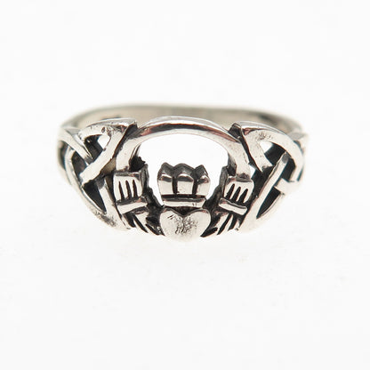 925 Sterling Silver Vintage Irish Claddagh Oxidized Ring Size 4