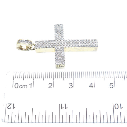 925 Sterling Silver Gold Plated Round-Cut C Z Cross Pendant