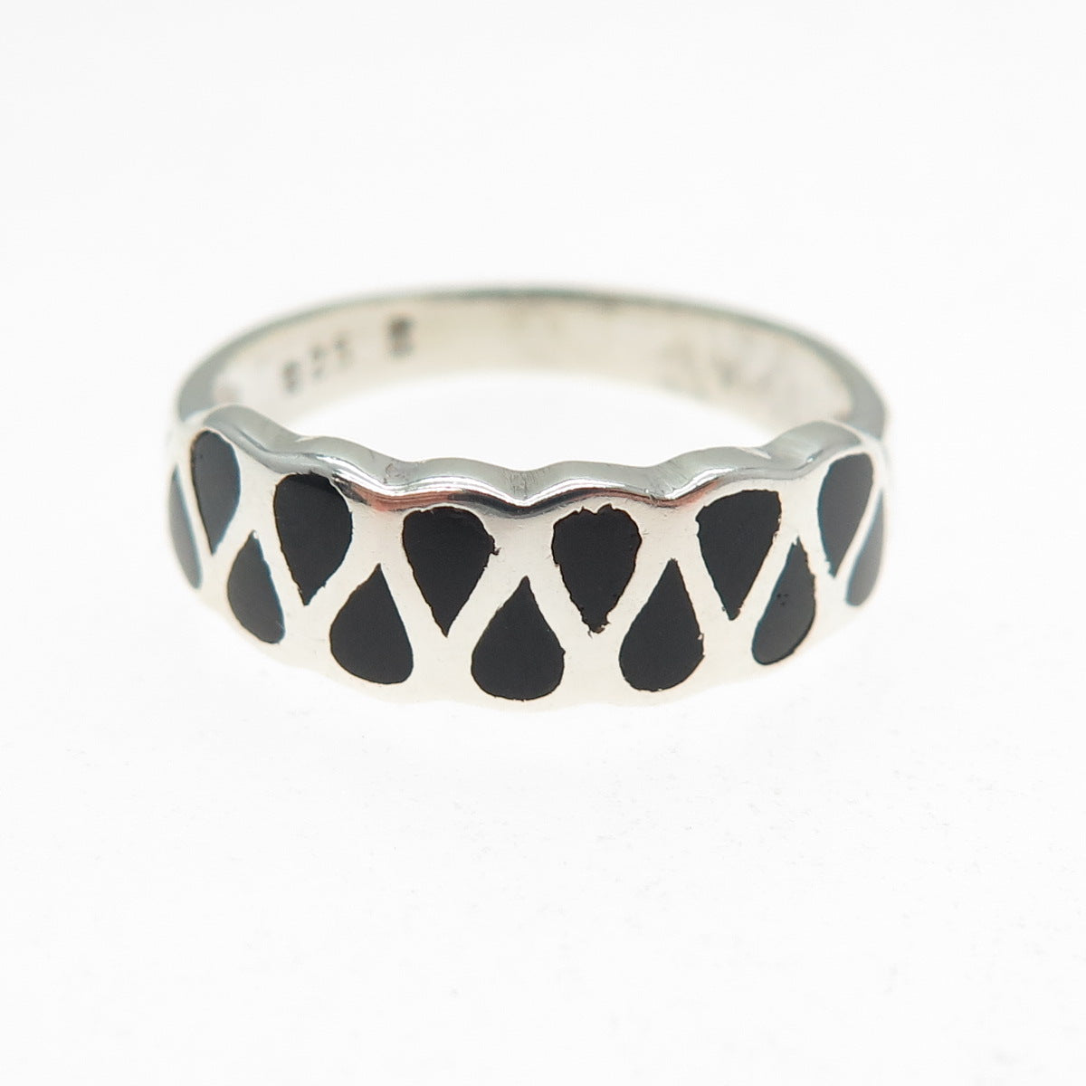 925 Sterling Silver Vintage Real Black Onyx Modernist Zig Zag Ring Size 7.75
