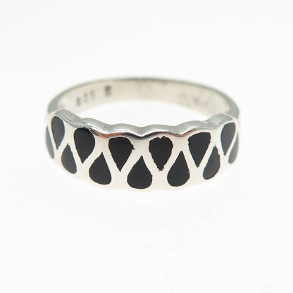 925 Sterling Silver Vintage Real Black Onyx Modernist Zig Zag Ring Size 7.75