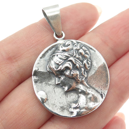 925 Sterling Silver Vintage Victorian Lady Oxidized Round Pendant