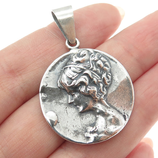 925 Sterling Silver Vintage Victorian Lady Oxidized Round Pendant