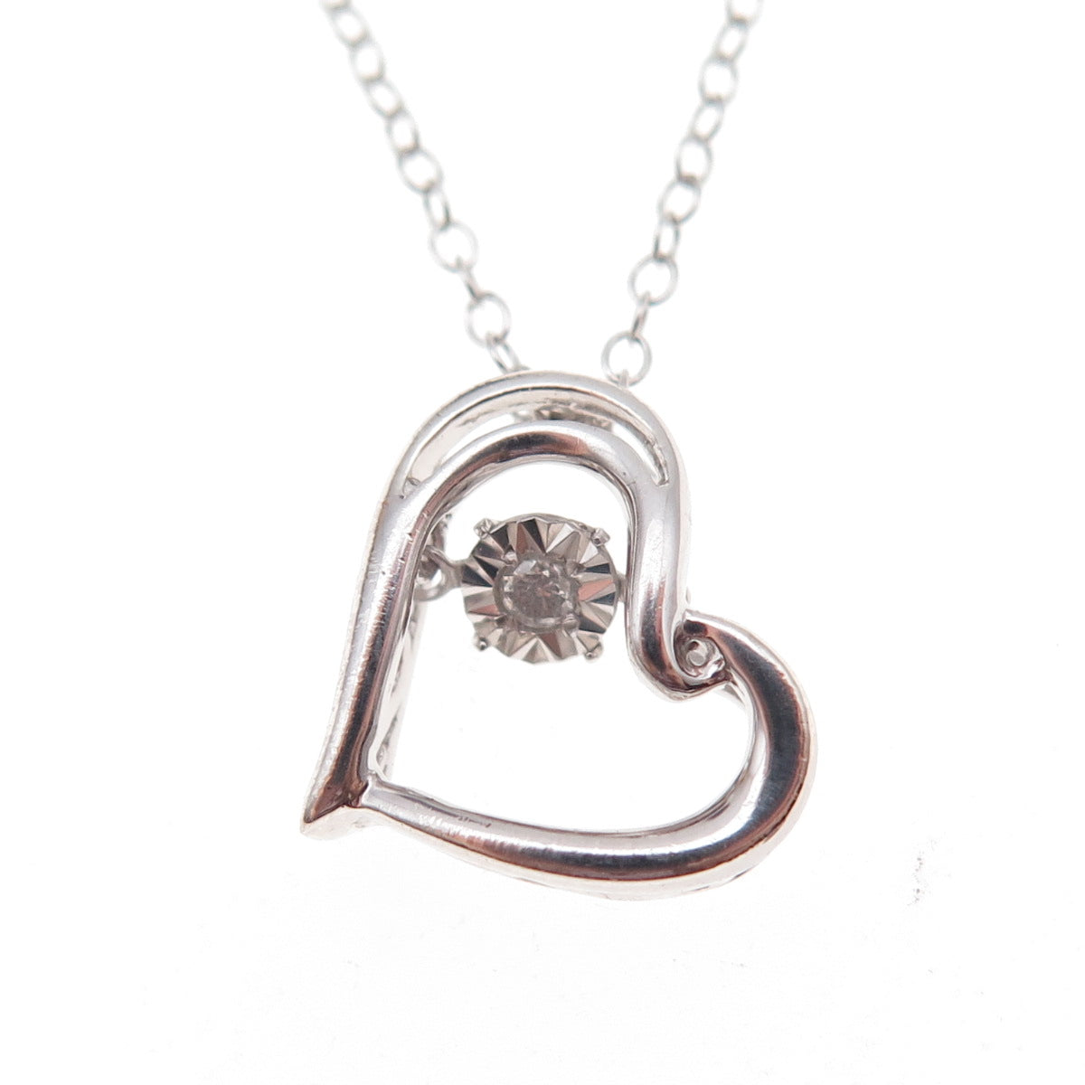925 Sterling Silver Real Round-Cut Diamond Heart Cable Chain Necklace 18"