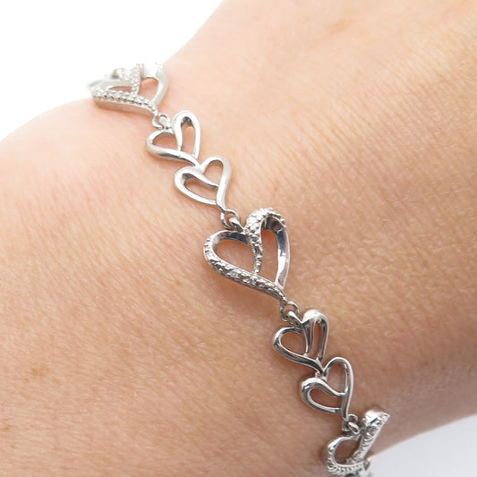 925 Sterling Silver Real Round-Cut Diamond Heart Link Bracelet 6.5"