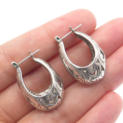 925 Sterling Silver Vintage Floral Ornate Oval Hoop Earrings