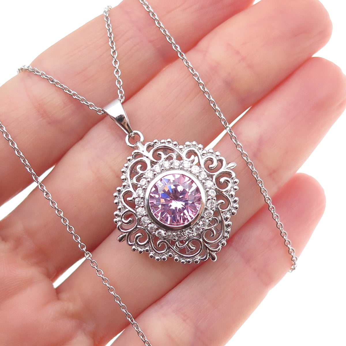 925 Sterling Silver Round-Cut Pink & White C Z Floral Cable Chain Necklace 18"
