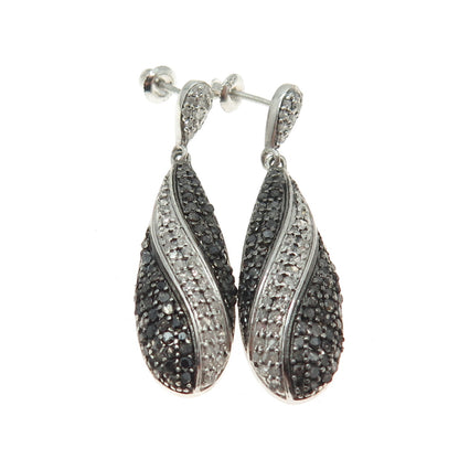 925 Sterling Silver Real Round-Cut Black & White Diamond Dangle Earrings