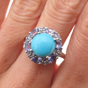 Chuck Clemency 925 Sterling Silver Real Turquoise & Tanzanite Floral Ring Size 8