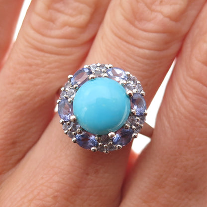 Chuck Clemency 925 Sterling Silver Real Turquoise & Tanzanite Floral Ring Size 8