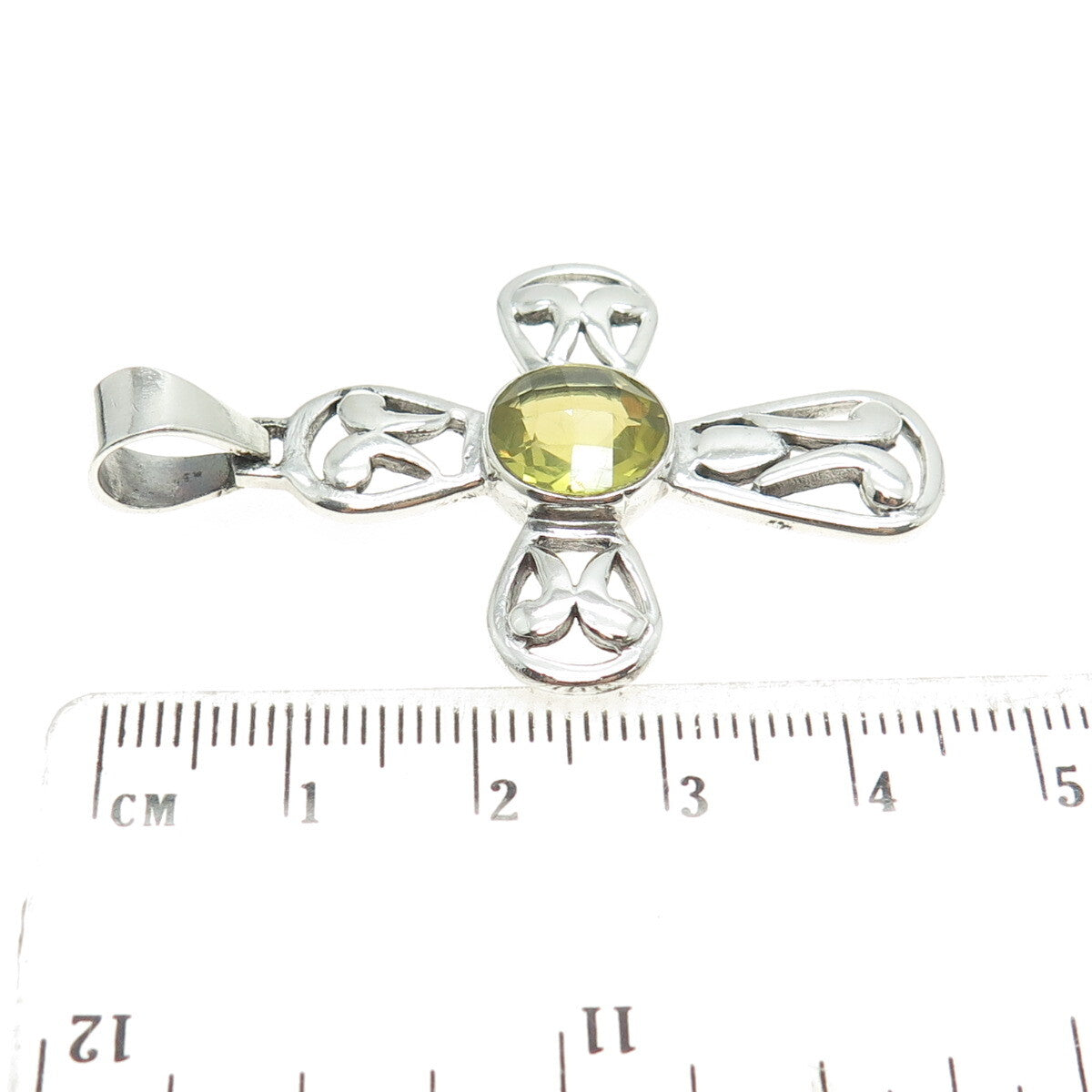 925 Sterling Silver Vintage Real Lime Citrine Gemstone Cross Pendant