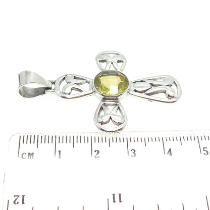 925 Sterling Silver Vintage Real Lime Citrine Gemstone Cross Pendant