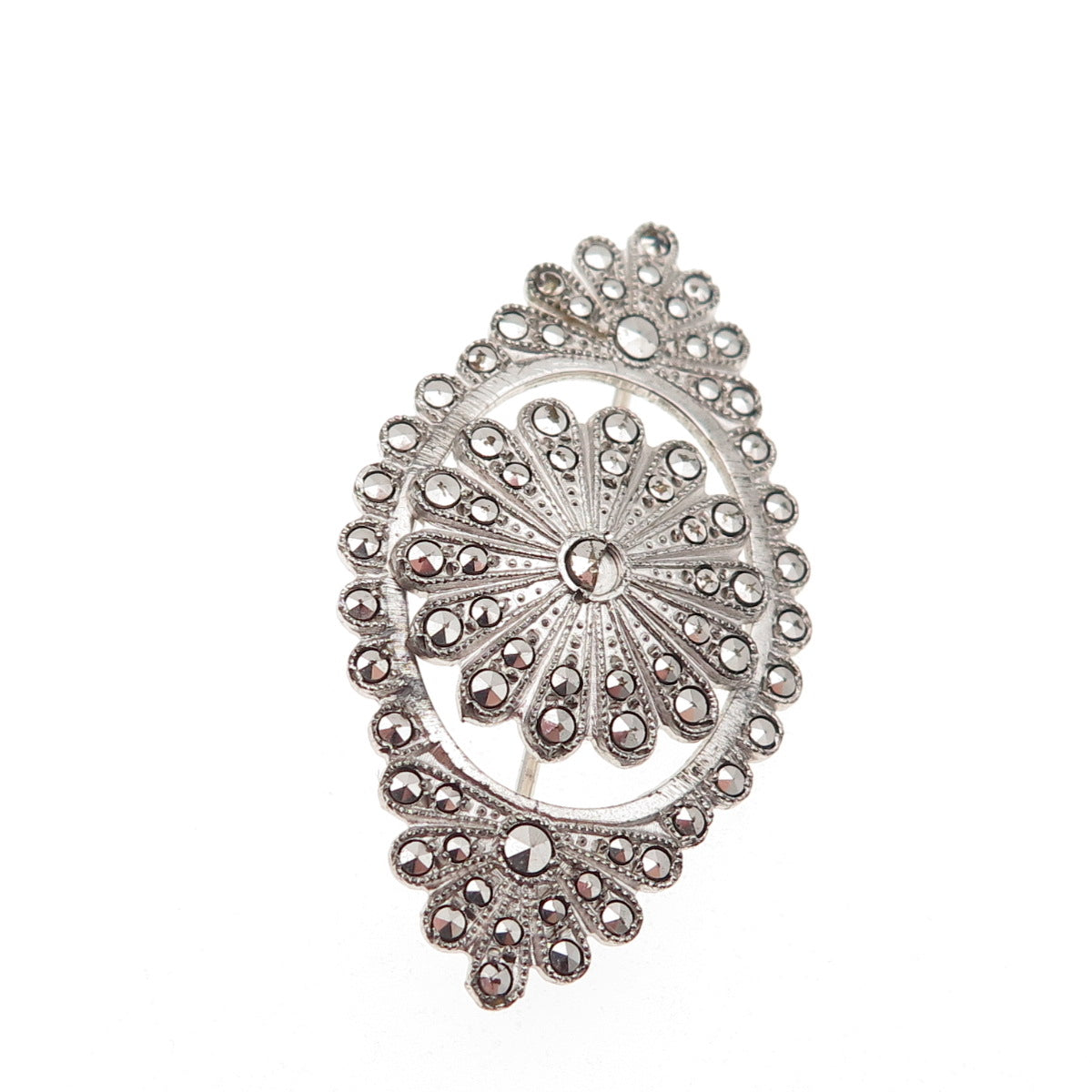 925 Sterling Silver Antique Art Deco Real Marcasite Floral Pin Brooch