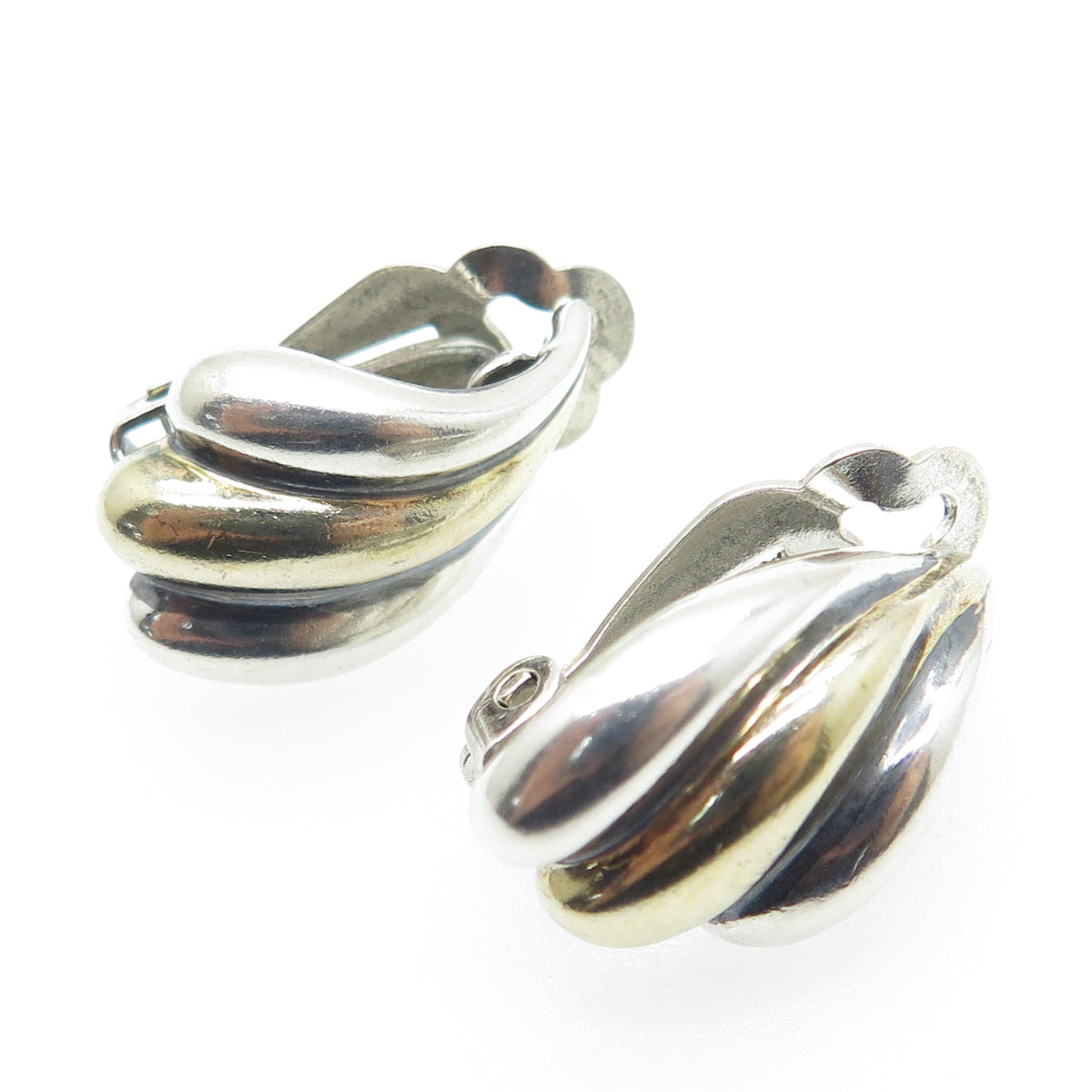 925 Sterling Silver 2-Tone Vintage Modernist Clip On Earrings