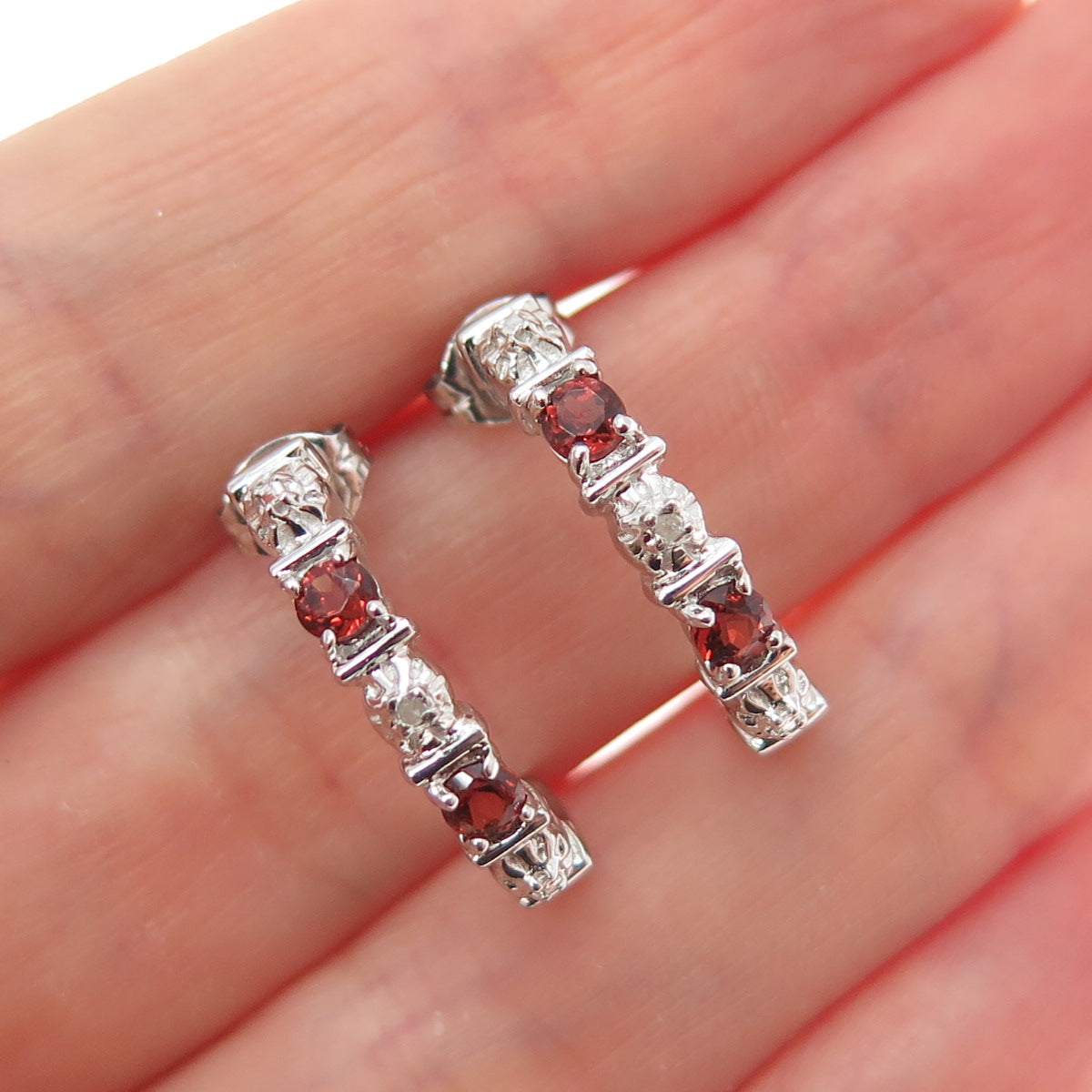 ROSS SIMONS 925 Sterling Silver Real Diamond & Red Garnet Half Hoop Earrings