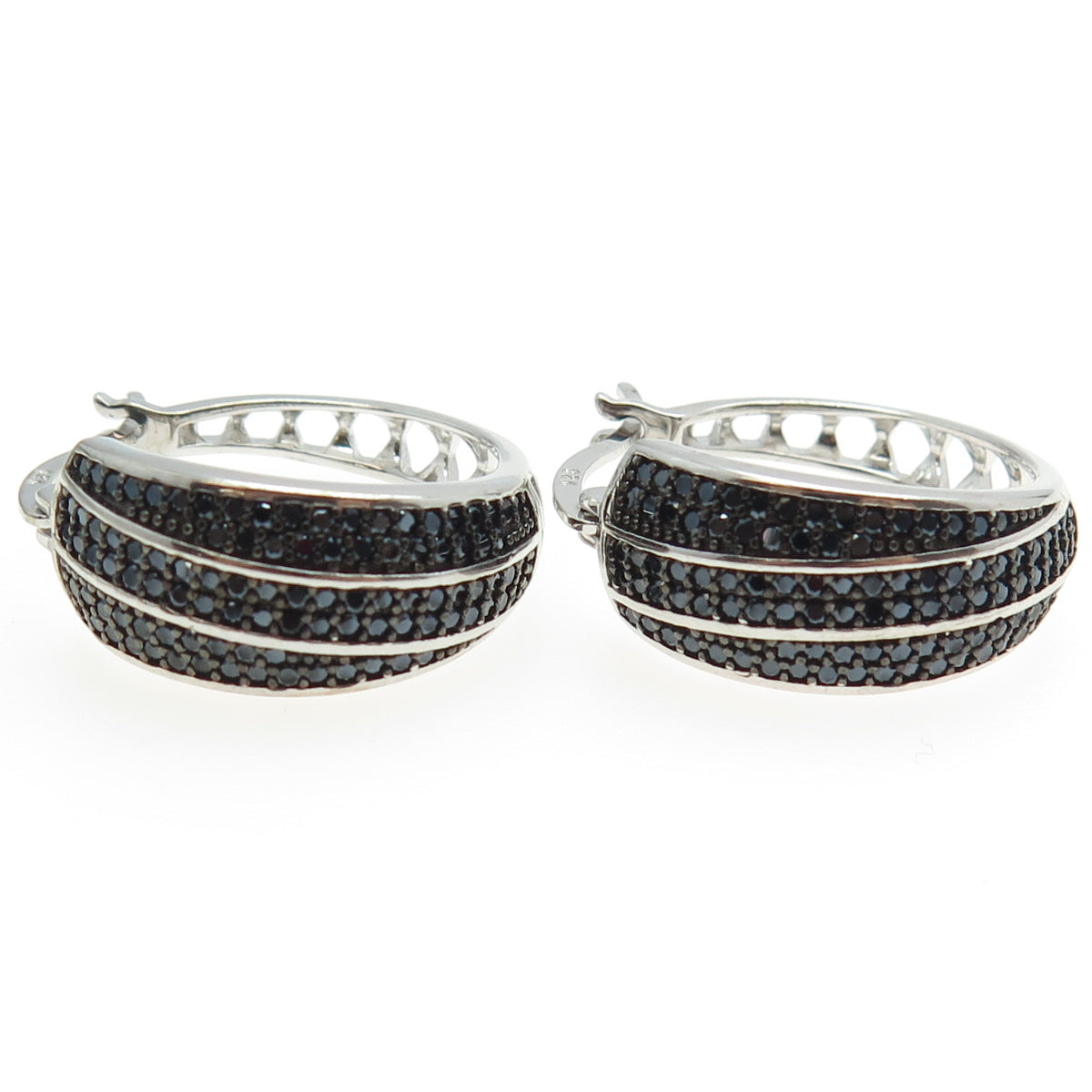 925 Sterling Silver Black C Z Hinged Hoop Earrings