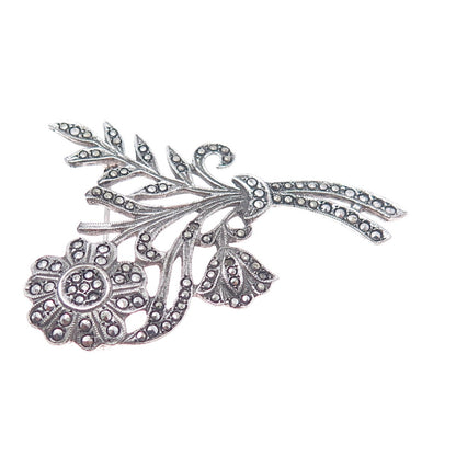 925 Sterling Silver Antique Real Marcasite Flower Pin Brooch (missing 2 stones)
