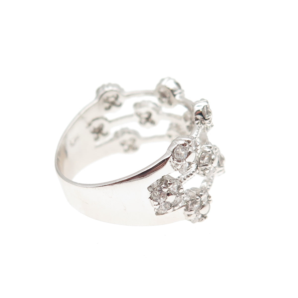 925 Sterling Silver Round-Cut C Z 3-Row Floral Ring Size 7