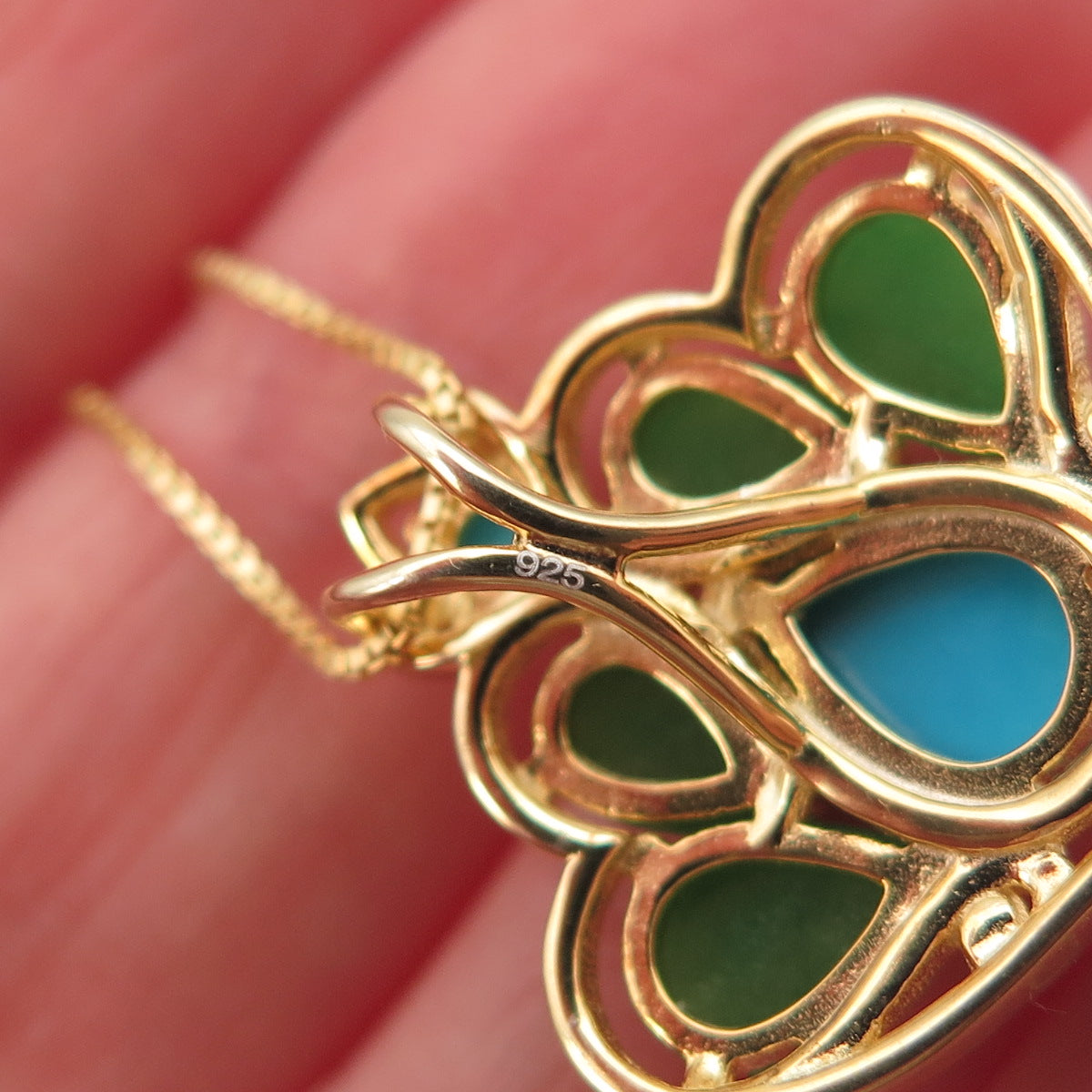 925 Sterling Silver Gold Plated Real Turquoise & Jade Box Chain Necklace 18"