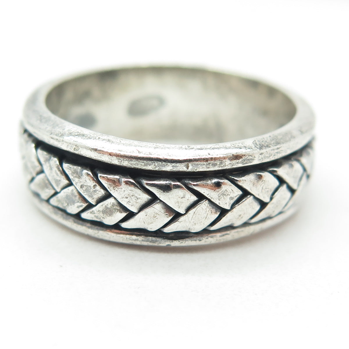 925 Sterling Silver Vintage Braided Rotating Band Oxidized Ring Size 8.75