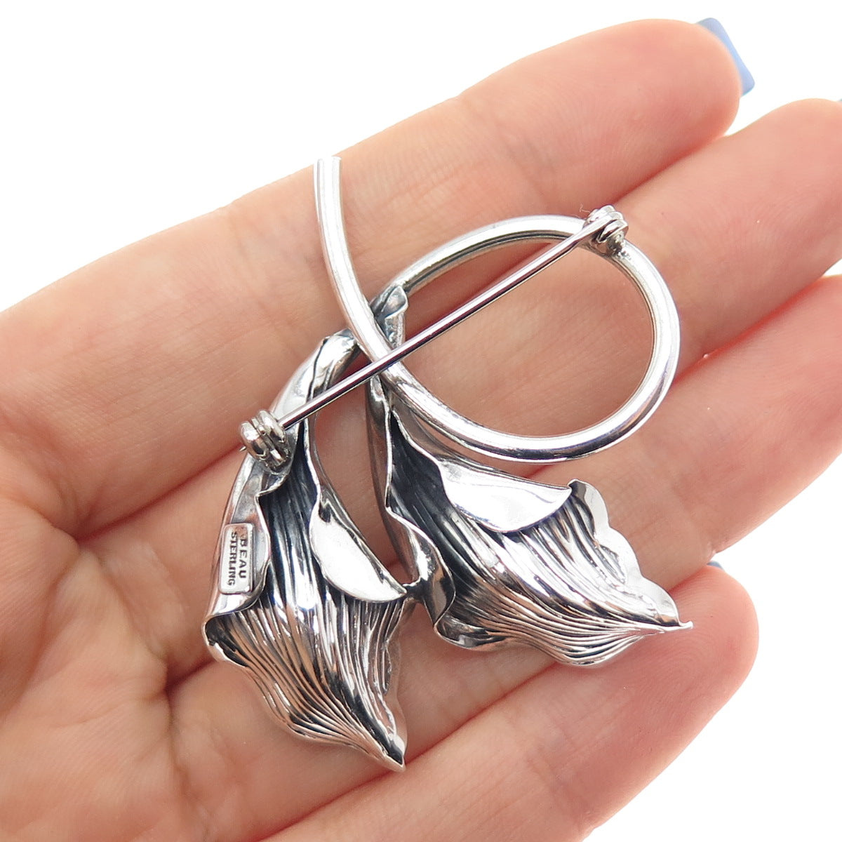 BEAU 925 Sterling Silver Vintage Modernist Calla Lily Oxidized Pin Brooch
