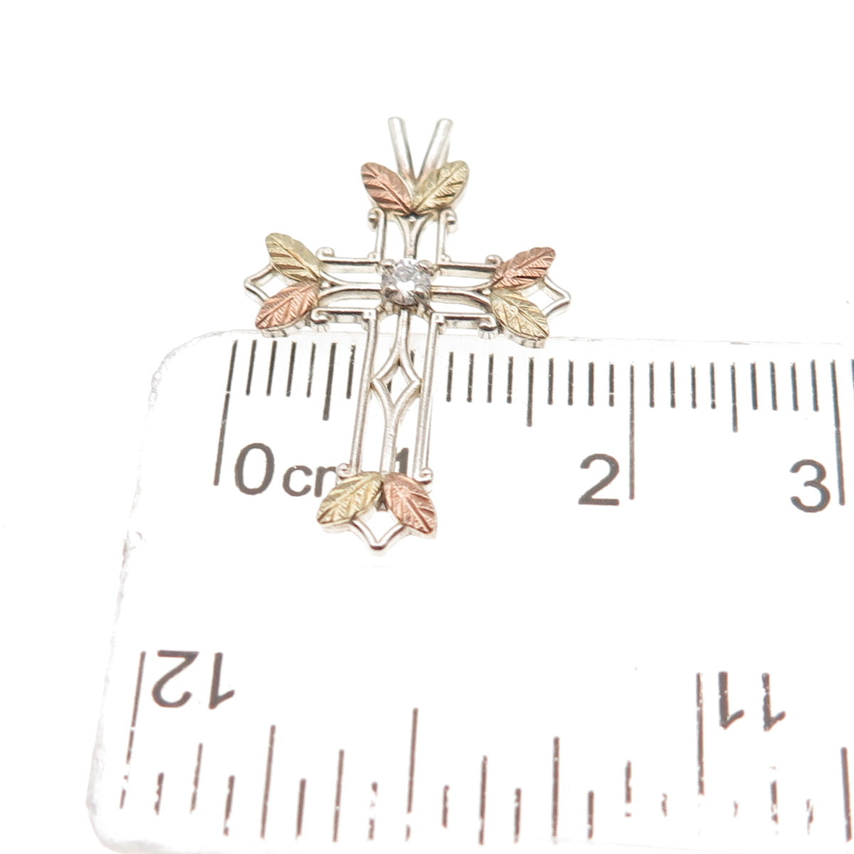 COLEMAN Sterling Silver 12K Rose & Yellow Gold Vintage C Z Floral Cross Pendant