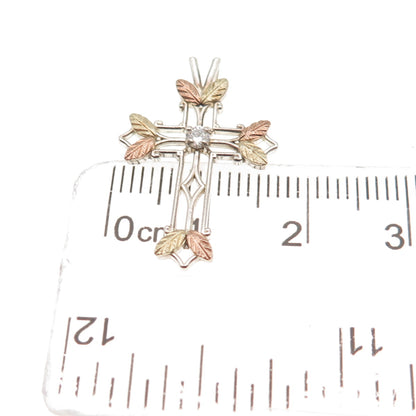 COLEMAN Sterling Silver 12K Rose & Yellow Gold Vintage C Z Floral Cross Pendant