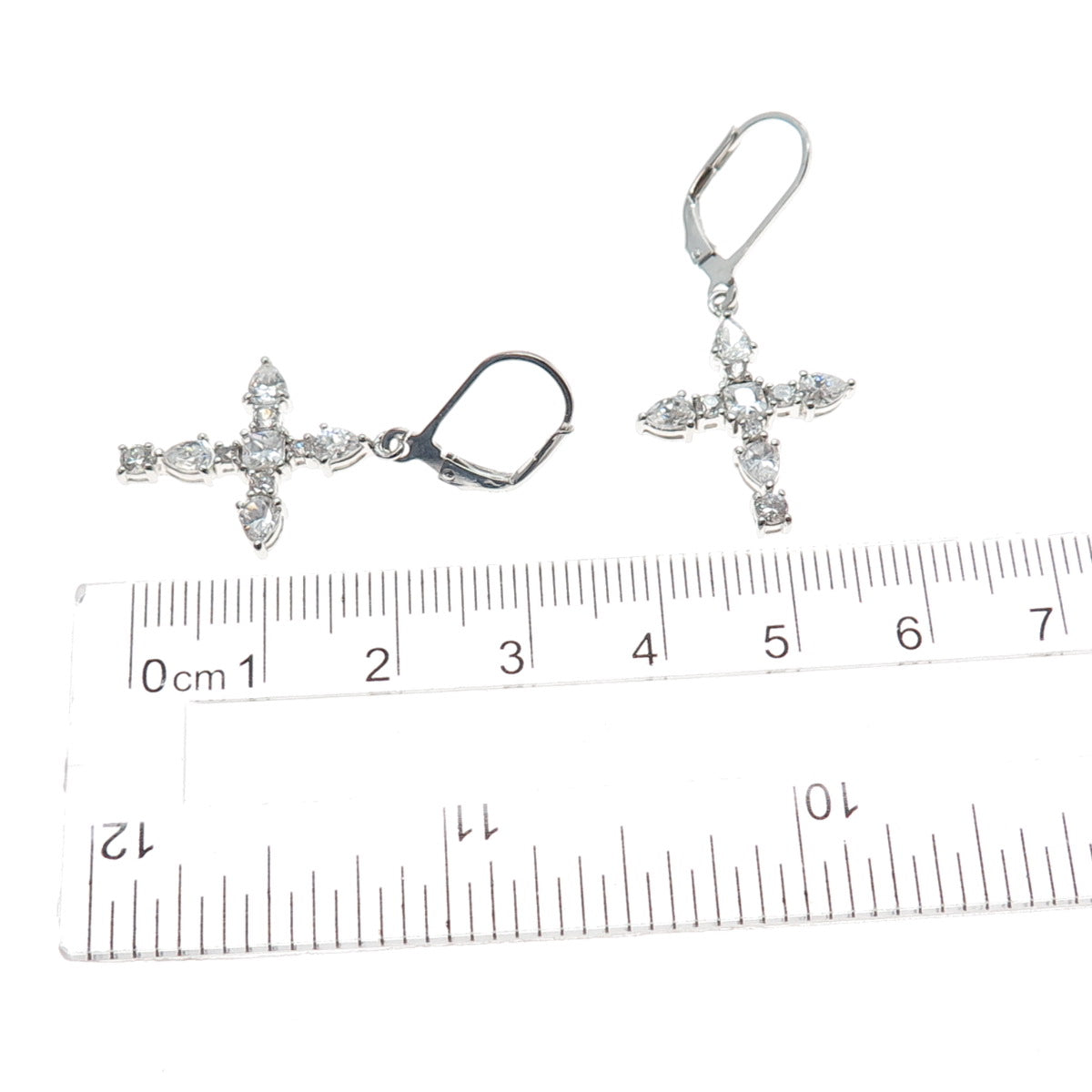 925 Sterling Silver Princess Pear & Round-Cut C Z Cross Dangle Earrings