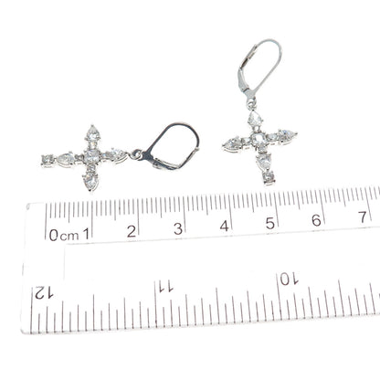 925 Sterling Silver Princess Pear & Round-Cut C Z Cross Dangle Earrings