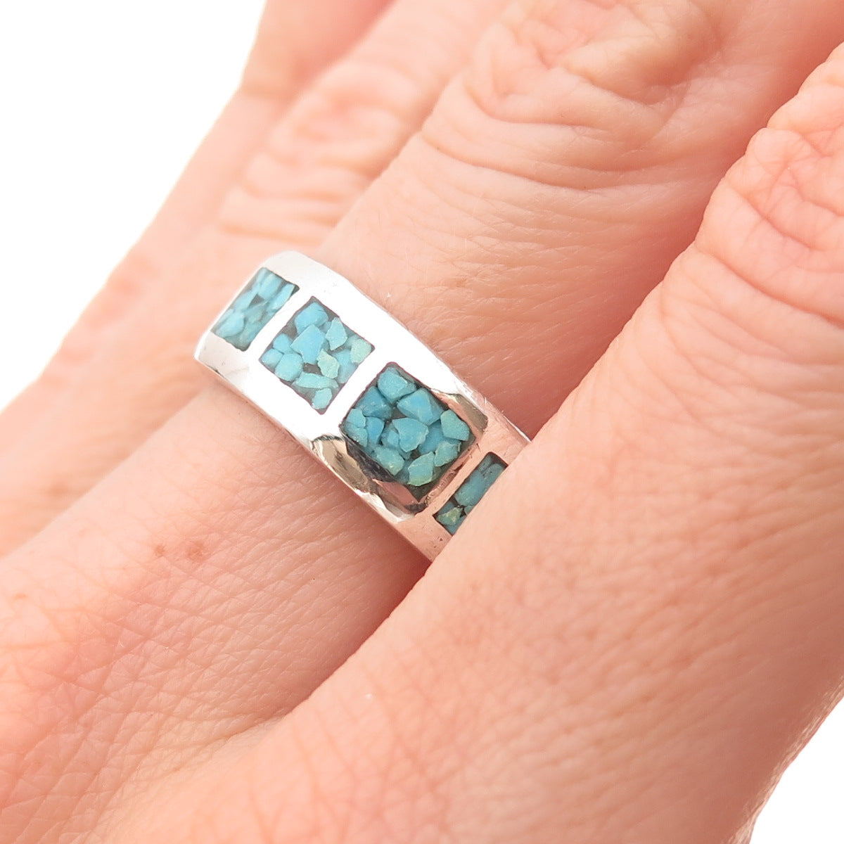 Old Pawn 925 Sterling Silver Vintage Turquoise Inlay Tribal Band Ring Size 9.5