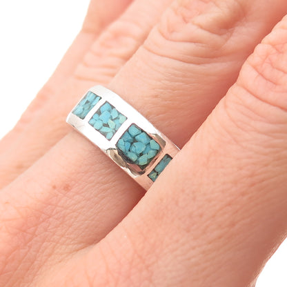 Old Pawn 925 Sterling Silver Vintage Turquoise Inlay Tribal Band Ring Size 9.5
