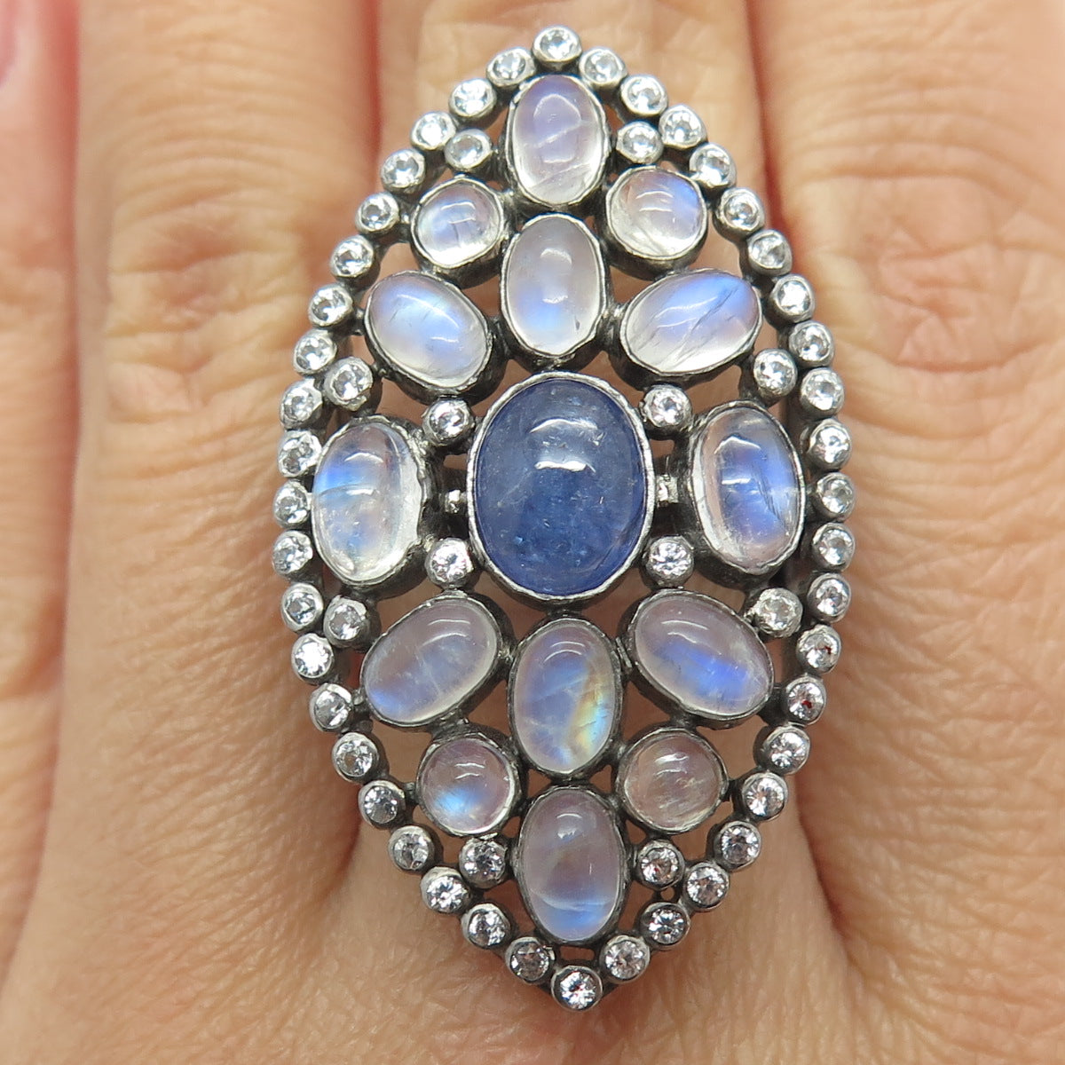 DSMK 925 Sterling Moonstone Tanzanite Topaz Gem Oxidized Statement Ring Size 7