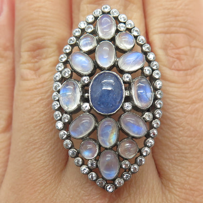 DSMK 925 Sterling Moonstone Tanzanite Topaz Gem Oxidized Statement Ring Size 7